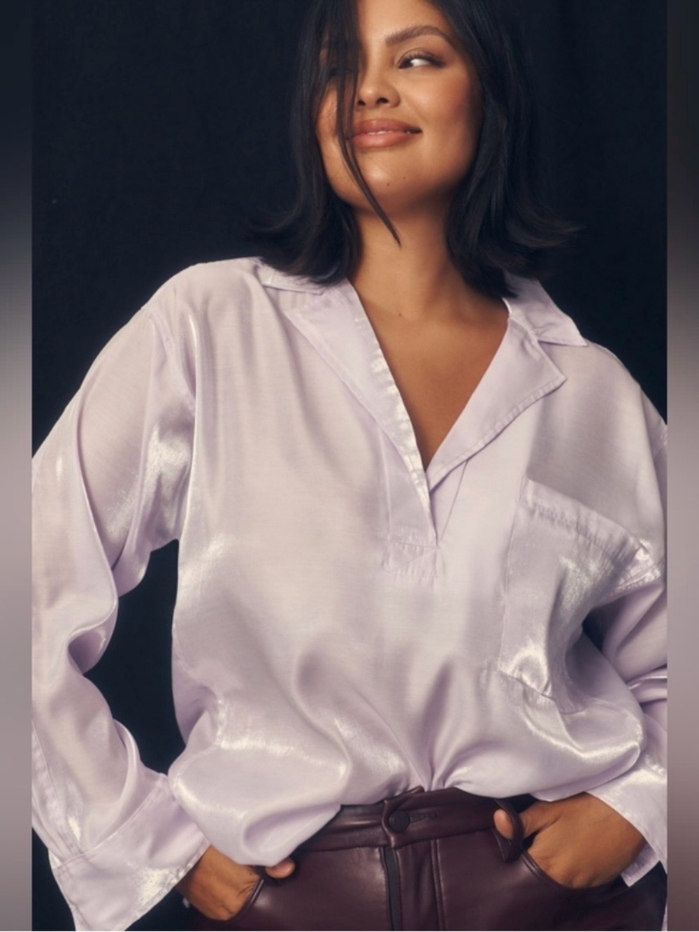 Pilcro Anthropologie Women's Lilac Shine Satin Blouse Button Down Long Sleeve L
